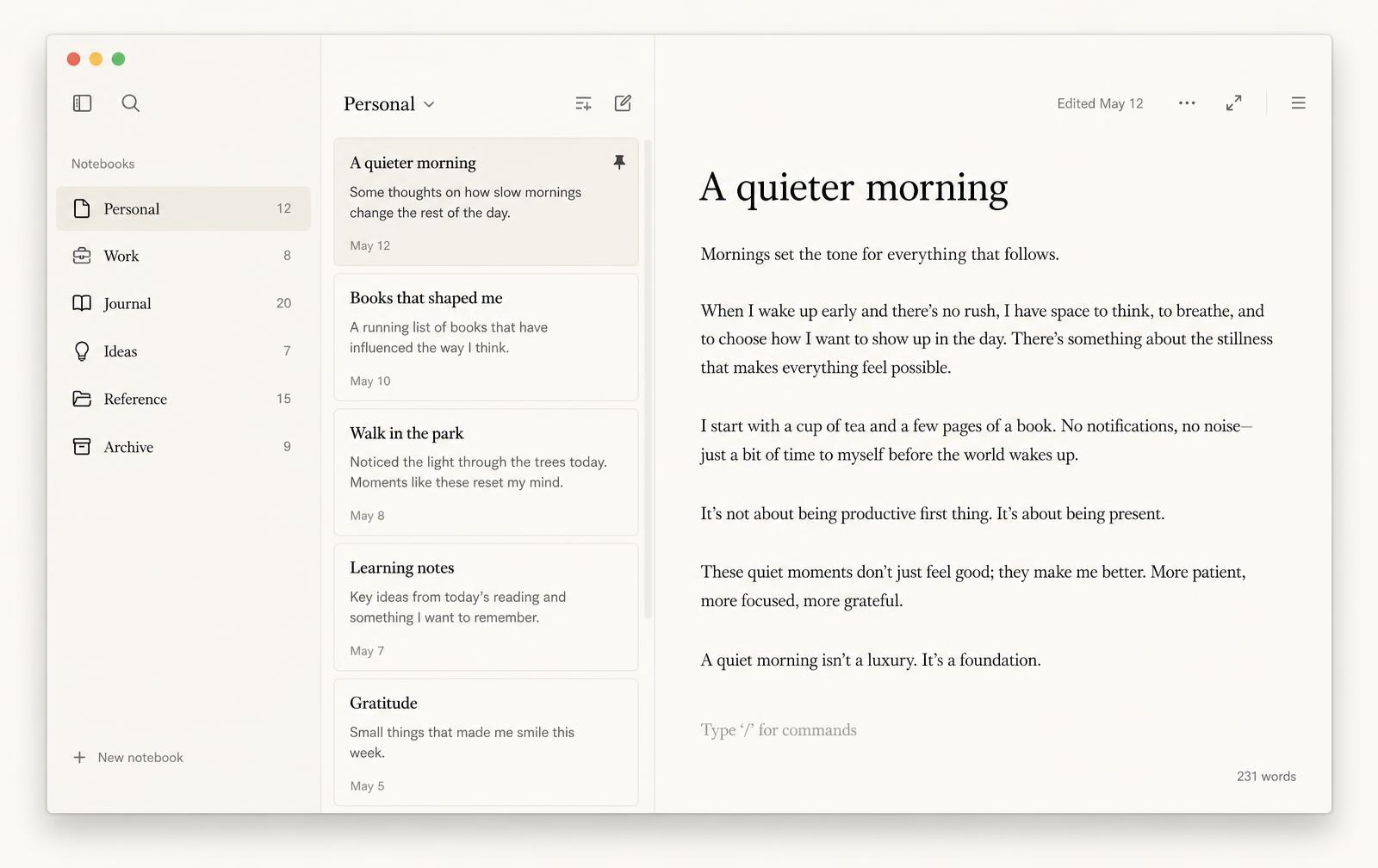 Die Notles Web-Oberfläche mit Notizbuch-Liste, Notizübersicht und geöffnetem Editor